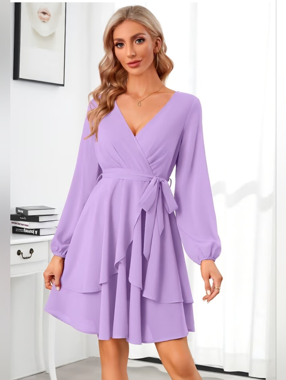 V-Neck Long Sleeve Ruffle Dress